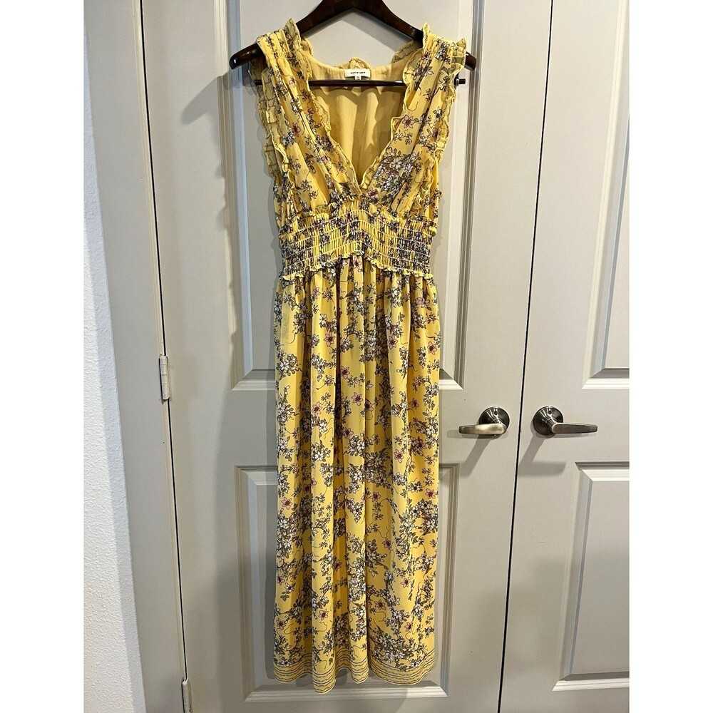 Max Studio Yellow Floral V-Neck Smocked Ruffle Sleeveless Maxi Dress XL 0098